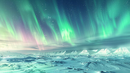 Naklejka premium A mesmerizing view of the northern lights over a snow-covered landscape, with vivid greens and purples in the sky.