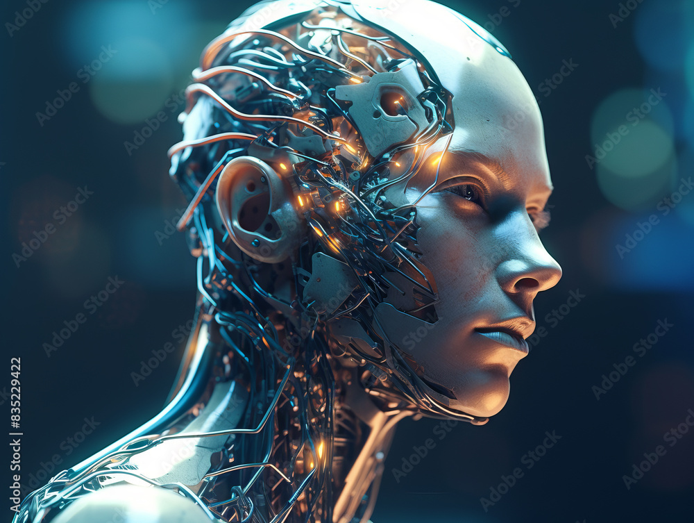 Poster a highly detailed robot head with intricate wires, set against a dark blue background, showcasing te