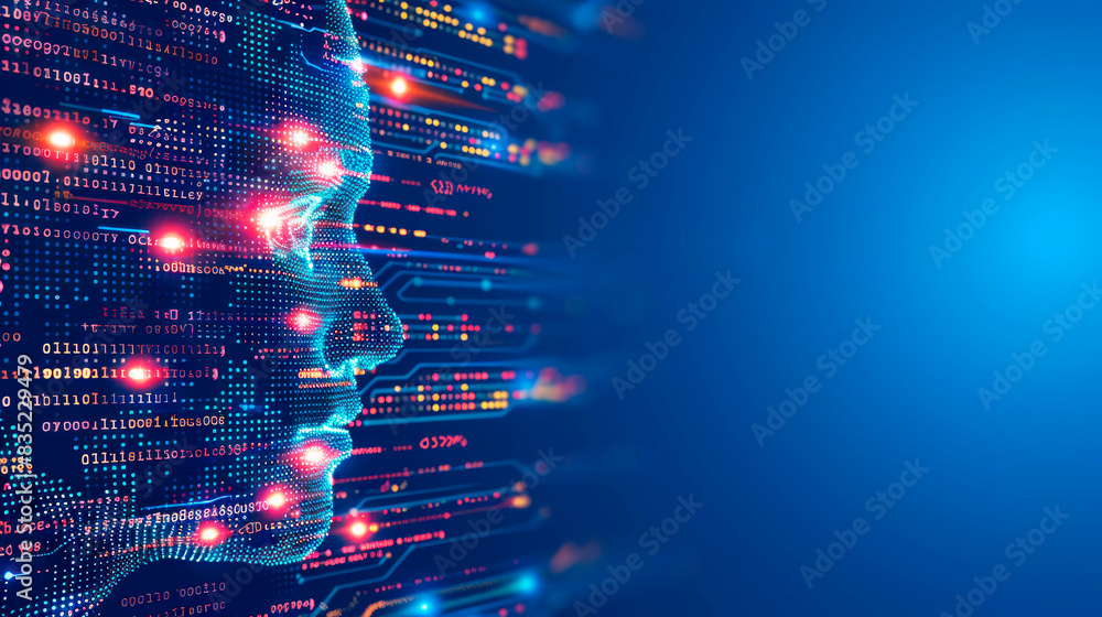 Poster a digital human face silhouette with circuit patterns, blue and red lights, on a dark background, co