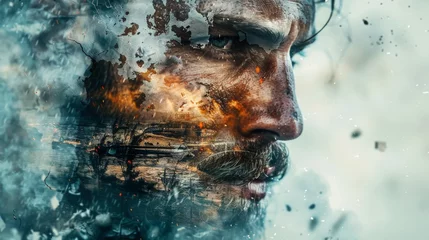 Double Exposure Photograph of Navy SEAL with War Scene Reflection in Profile © aimodels24