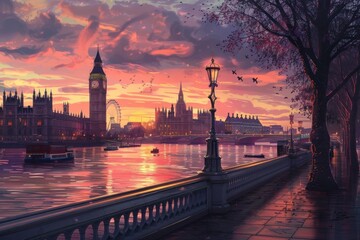 Fototapeta premium Artistic illustration of London, England at dusk with Big Ben Tower and glowing city lights