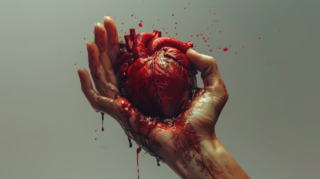 Detailed hand clutching a bleeding human heart, blood dripping, representing love depression