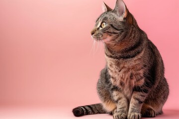 Studio photo of a cute tabby cat isolated against a background of pastel shades, creating a soft and appealing visual. 
