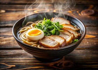 Japanese ramen soup with chicken, egg, chives and sprout on dark wooden background.