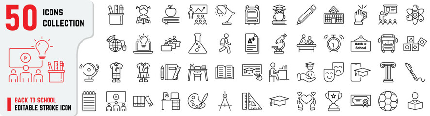 Back to School editable stroke icon also includes teaching, online education, graduate, studying, learning, uniform. Education thin outline icons