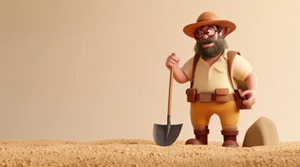 Naklejka premium 3D cartoon archaeologist character with a shovel and ancient artifact, isolated on beige background with space for copy