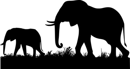 Silhouette elephant and calf in grass © создать 8 углов