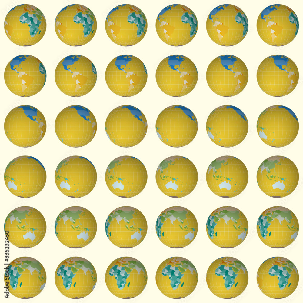 Poster collection of earth globes. normal sphere view. rotation step 10 degrees. colored countries style. w