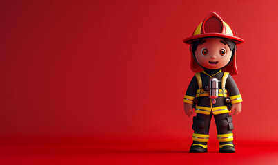 3D cartoon firefighter character in full gear with a hose, isolated on a red background with space for copy