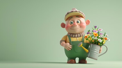 A 3D cartoon florist character with a bouquet and watering can, isolated on a light green background with space for copy.