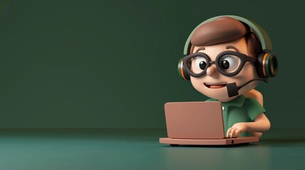 3D cartoon IT specialist character with a laptop and headset, isolated on green background with space for copy