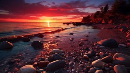 A Stunning Sunset Over a Rocky Beach Shoreline with Vibrant Sky Colors - Powered by Adobe