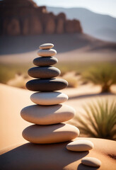 Stack of zen stones against a beautiful desert landscape background