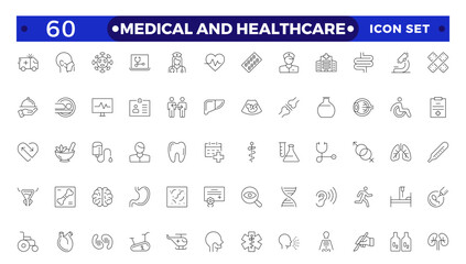 Medical and Healthcare web icons in Outline style. Medicine, check up, doctor, dentistry, pharmacy, lab, scientific discovery, collection.