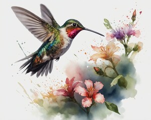 Fototapeta premium watercolour painting of flowers and a hummingbird, generative AI