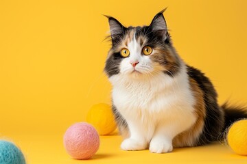 Studio photo of a cute calico cat isolated against a background of pastel shades, creating a soft and appealing visual. 