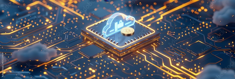 Poster Close-up on an advanced microchip or CPU of a powerful computer with world globe online connection as wide banner design - Generative AI