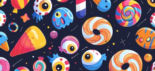 Naklejka premium Halloween candy, eyes and mouth on the cover, simple flat cartoon style, colorful candy pattern 