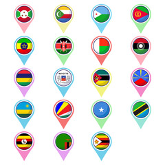 East african countries flags. Flat vector map element design, travel symbols, landmark symbols, geography and map flags emblem.