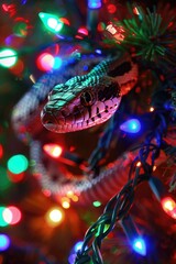 Colorful Snake Entwined in Festive Christmas Tree Lights