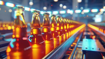 Beer bottles on the conveyor belt, alcohol, beer, drink, beverage, bottles, cold, glass, brewery, water, Factory, liquor, pub, industry.