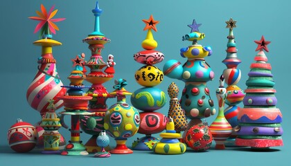 3D Model Abstract Art of Nostalgic colorful abstract Christmas toy sculptures full of whimsy