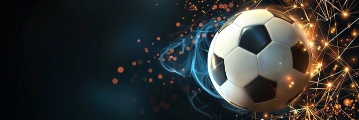 Fototapeta premium Soccer ball with abstract glowing background, dynamic energy and light trails banner