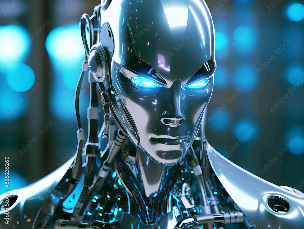 Poster A highly detailed robotic figure with glowing eyes on a bokeh light background, concept of advanced technology. Generative AI