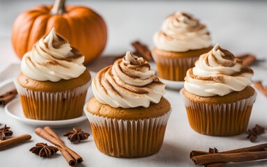 Pumpkin Spice Latte Cupcakes, Delicious cupcakes infused with warm pumpkin spice flavors, topped with creamy frosting, and dusted with cinnamon, capturing the essence of fall.