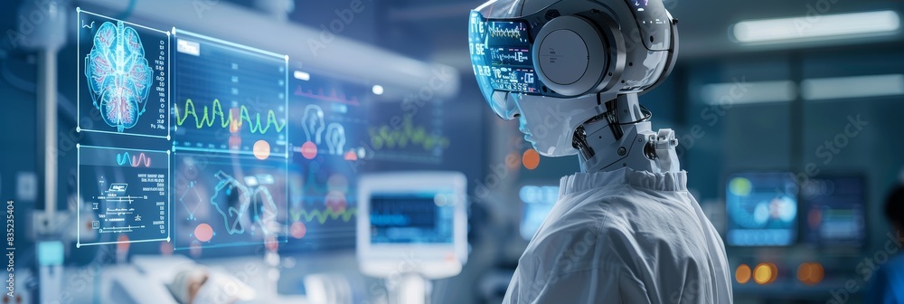 Poster In the future, robots will perform automated medical health care for precision surgical robots and remote control hospital equipment as wide banners with embedded information holograms