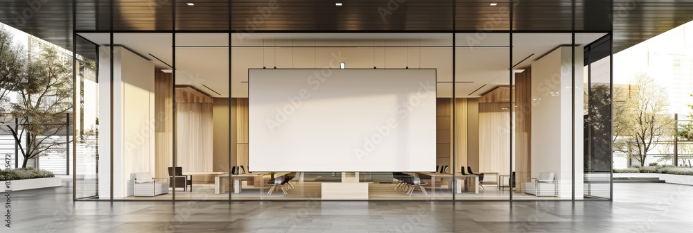 Aufkleber Creating a corporate branding identity logo display with a white blank frame mockup in a modern business offices reception area as a banner with a copy area in the background.