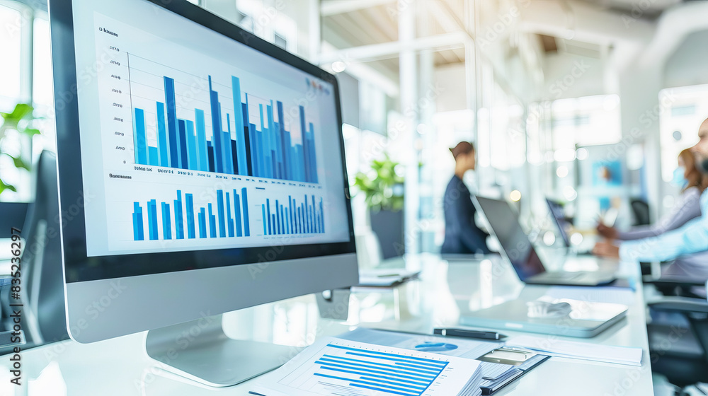 Aufkleber Computer screen displaying bar graphs, on a desk with office environment background, concept of business analytics. Generative AI