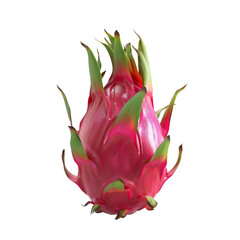 Illustrate a detailed, exotic dragon fruit in a photorealistic style from a unique low-angle perspective against a pure white canvas