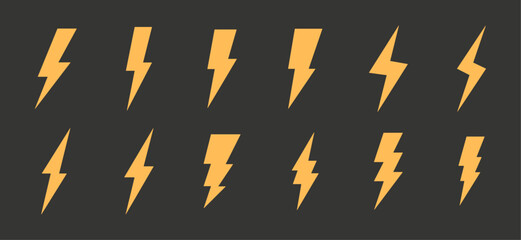 Flash thunderbolt lighting symbol set in yellow color on black background. Different flash icon symbol collection. Electric power symbol. Energy sign, vector illustration. charge sign.