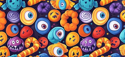 Fototapeta premium Halloween candy, eyes and mouth on the cover, simple flat cartoon style, colorful candy pattern 