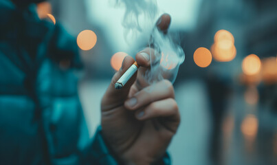 Close-up of a Hand Holding a Smoldering Cigarette in an Urban Environment