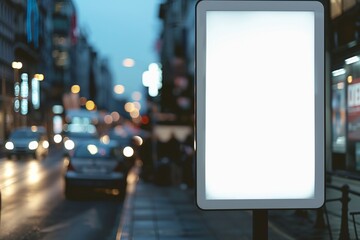 White mockup blank billboard on a busy street with a commercial blurred background