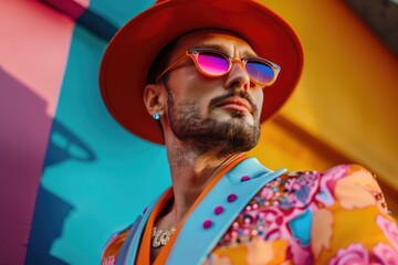 A man dressed in a bright suit and hat, perfect for a celebration or event