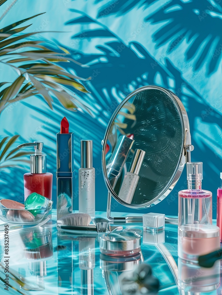 Poster a tabletop mirror surrounded by various cosmetic products, creating a bright and inviting vanity sce
