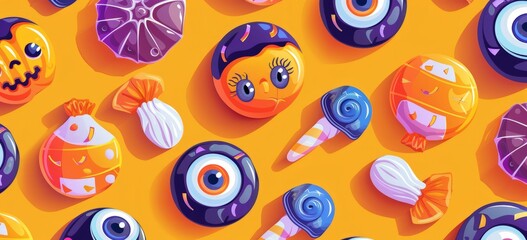 Halloween candy, eyes and mouth on the cover, simple flat cartoon style, colorful candy pattern 
