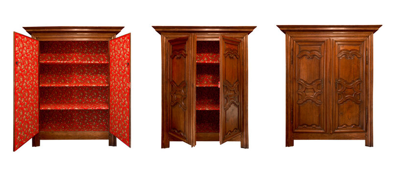 Antiker Schrank ge&ouml;ffnet, halboffen und geschlossen