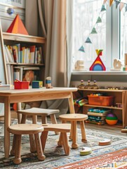 Bright and Inspiring Educational Playroom with Books and Learning Tools, Copy Space on the Left