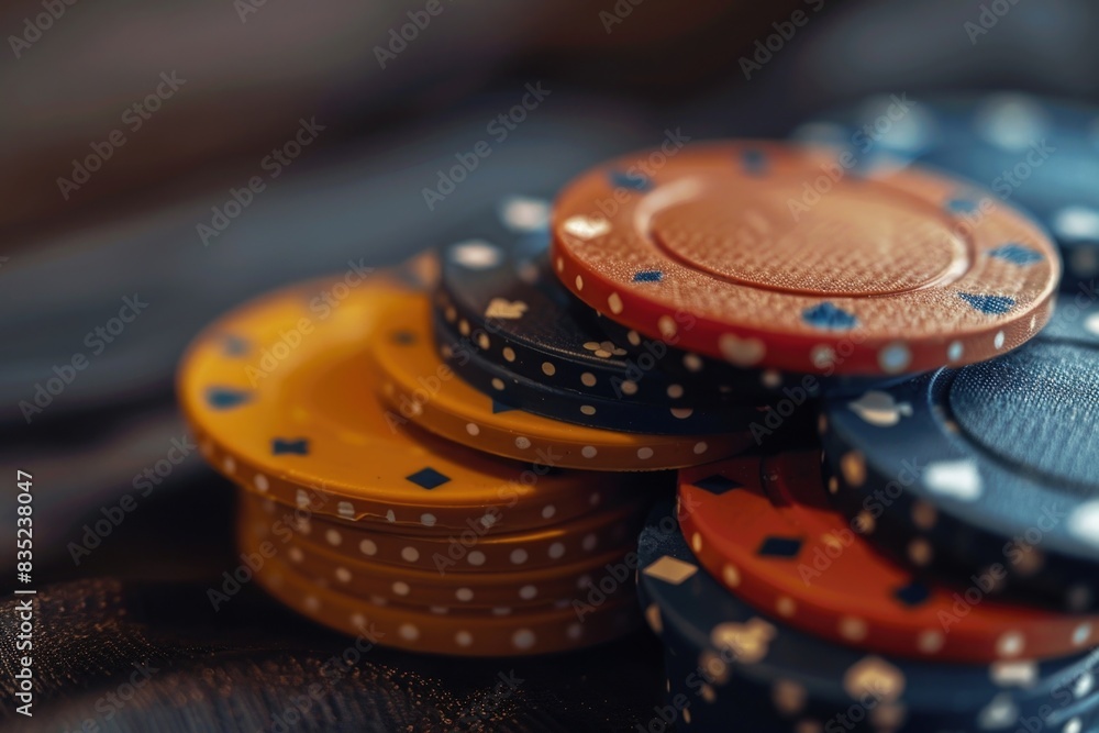 Poster A stack of colorful poker chips arranged on a table surface, with a flat and smooth background