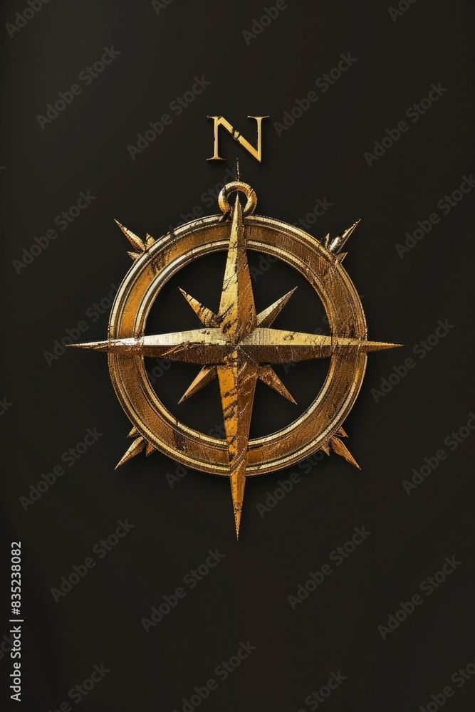 Poster a golden compass symbol on a dark background, perfect for use in designs related to navigation, adve
