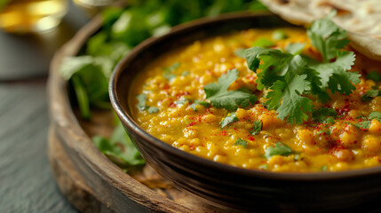 Tigela fumegante de dal tadka, um reconfortante curry indiano de lentilhas, servido com pão roti e guarnecido com coentro