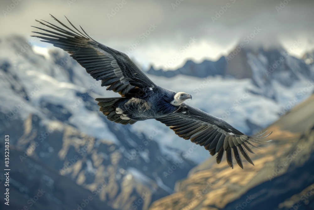 Poster a large bird in flight over a mountain range with snow-capped peaks and lush green valleys
