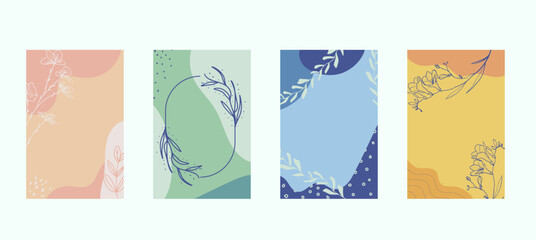 Fototapeta premium Design templates in simple modern style with copy space for text, flowers and leaves - social media stories, wedding invitation backgrounds and frames, wallpapers. Vector illustration
