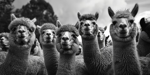 Naklejka premium A group of llamas standing side by side, each with its unique characteristics