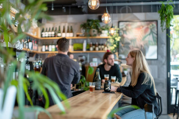 Naklejka premium Stylish Urban Cafe Serving CBD-Infused Beverages with Modern Decor