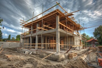 A photo of a house being built against a clear blue sky